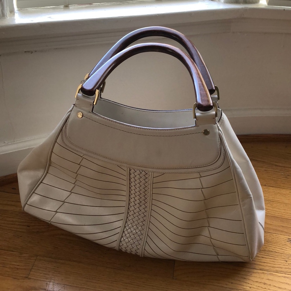 Cole Haan Huge White Bag Purse with Wood Handle